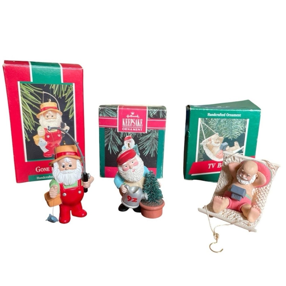 Hallmark Keepsake Ornaments TV Break Gone Fishing Green Thumb Santa Set of 3
